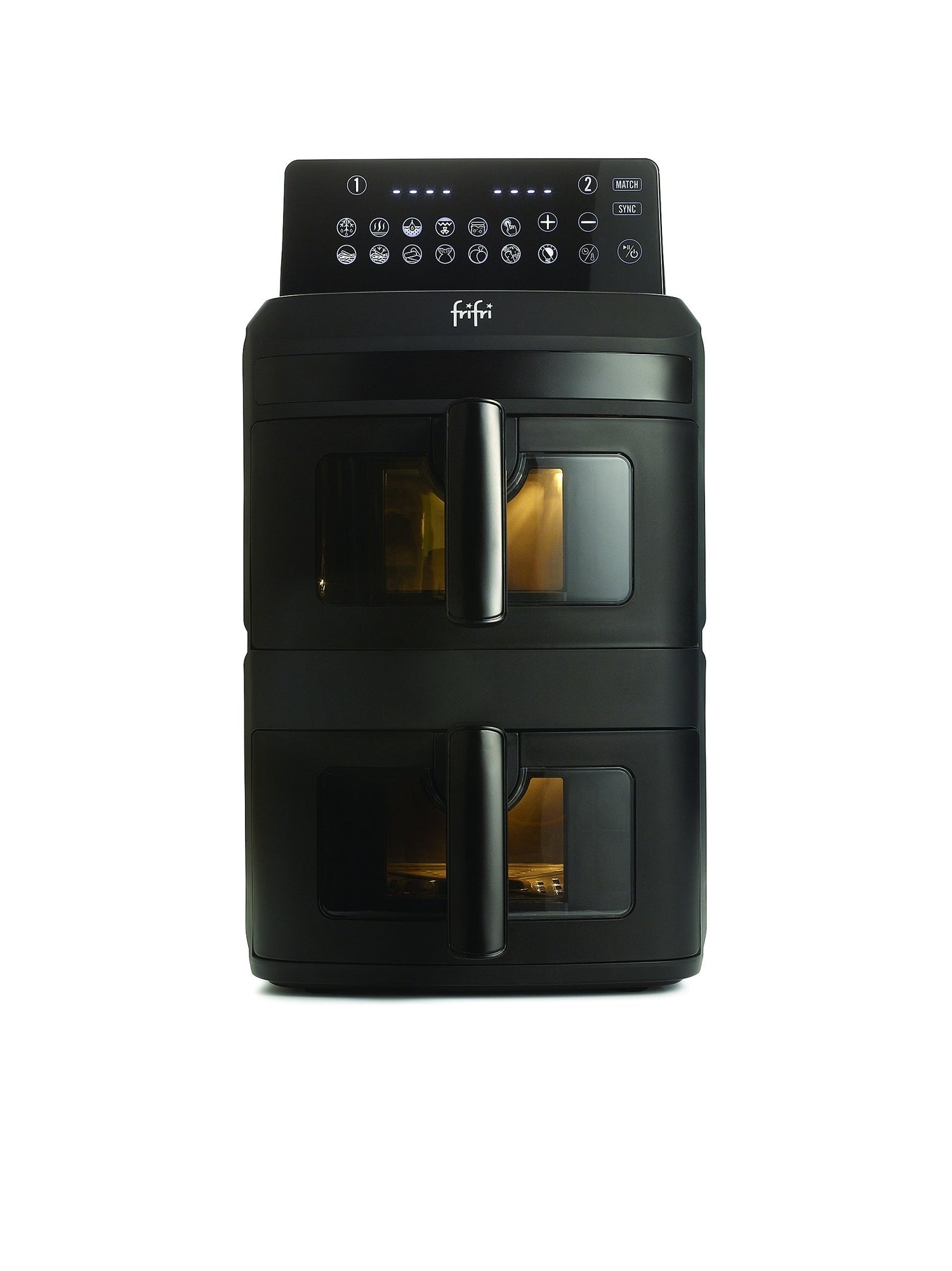 Une friteuse rectangulaire noire avec deux boutons de commande sur le dessus et une poignée sur le devant, placée sur un fond blanc.