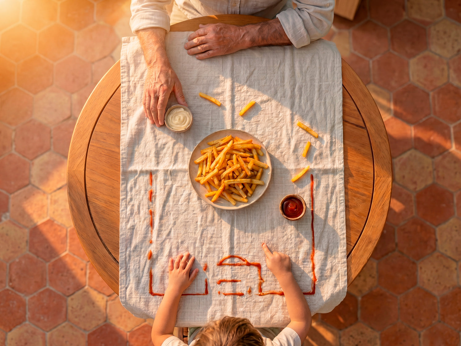 Deux personnes sont assises à une table ronde, devant des frites, du ketchup et de la mayonnaise. La nappe est ornée d'un motif représentant un terrain de football, et l'enfant montre du doigt l'assiette de frites.