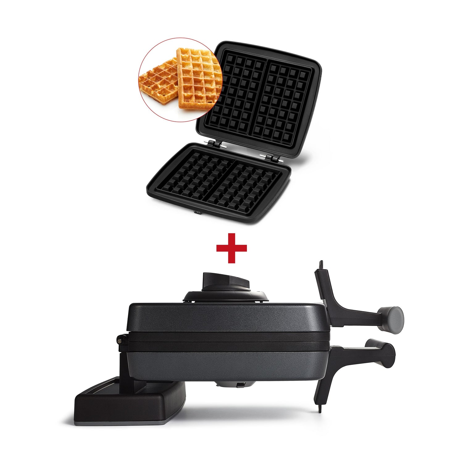 Gaufrier noir, ouvert, avec gaufres.