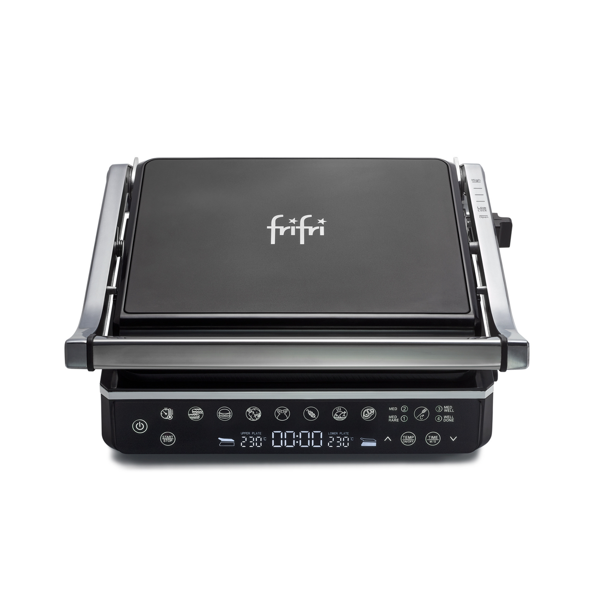 Grill électrique « Grill Gourmet » à plaques de cuisson, doté d'un panneau de commande numérique, d'un couvercle fermé et de finitions en acier inoxydable, vu de face — idéal pour préparer facilement des plats grillés gastronomiques. Le « Grill Gourmet » propose plusieurs programmes de cuisson pour une cuisson polyvalente et précise à l'intérieur, à chaque utilisation.