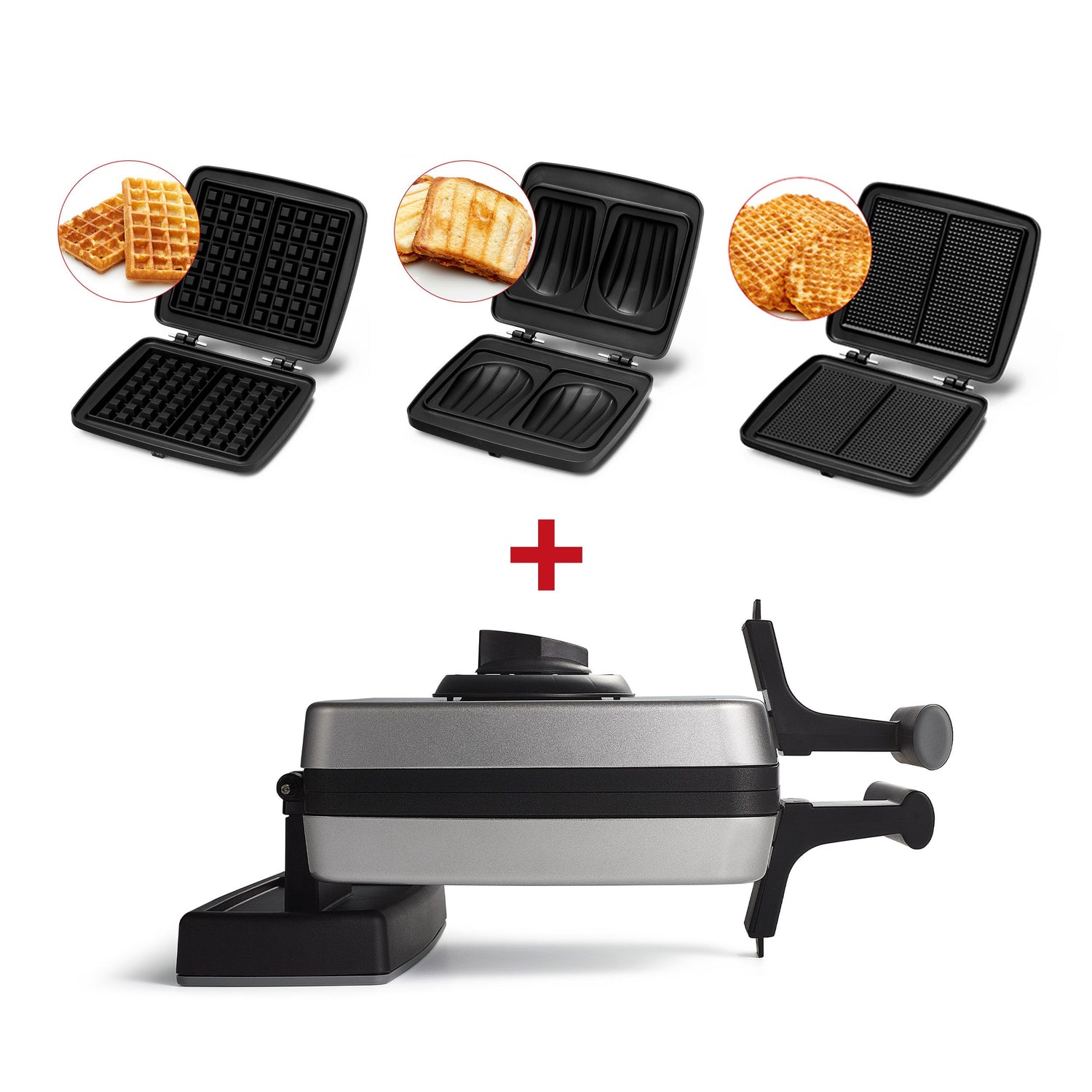 Appareil à gaufres et panini multifonctionnel gris et noir.