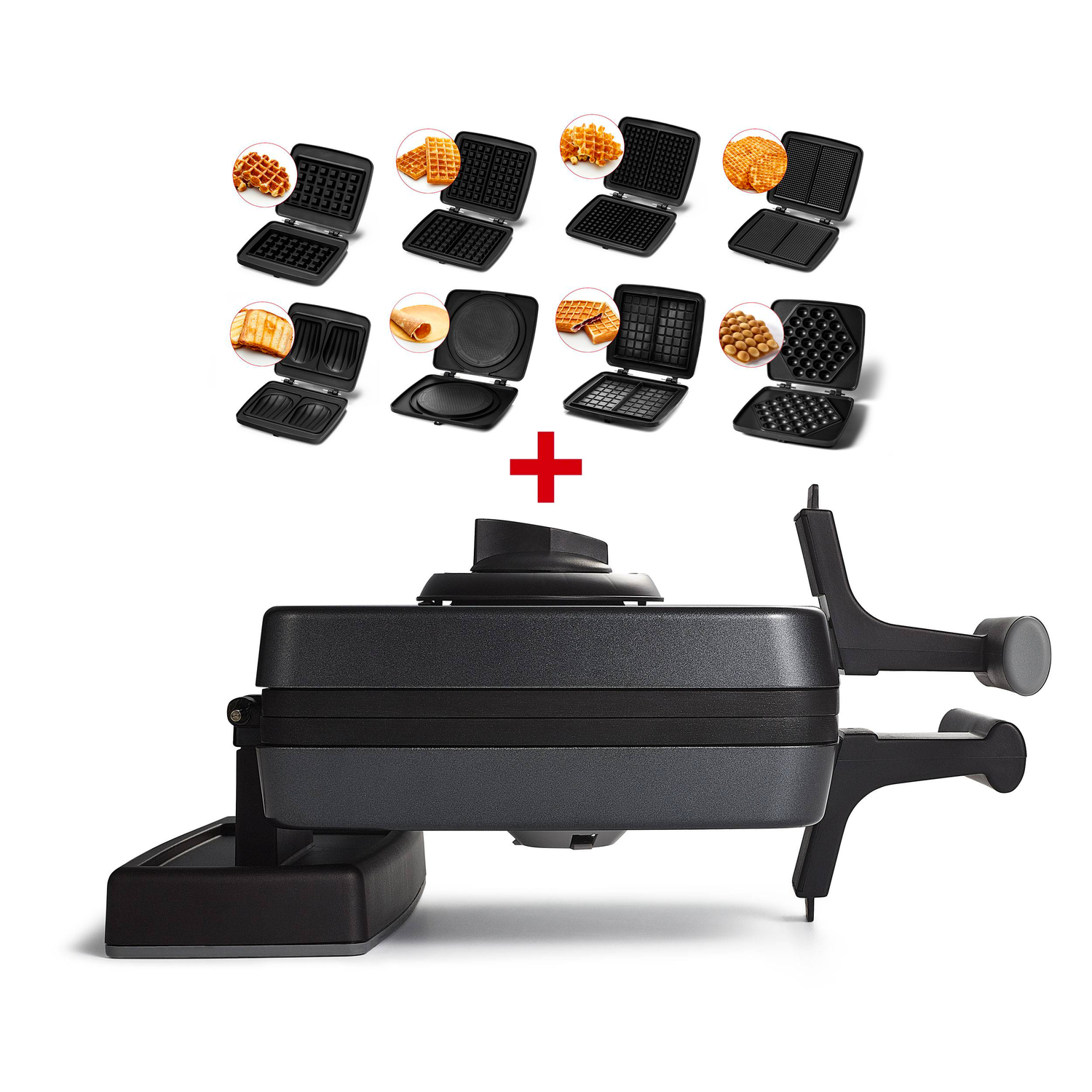 Le Gaufrier Noir + 8 plaques offre des plaques interchangeables, exposées au-dessus de l'appareil, pour varier les styles de gaufres selon vos envies et réussir une cuisine maison créative.