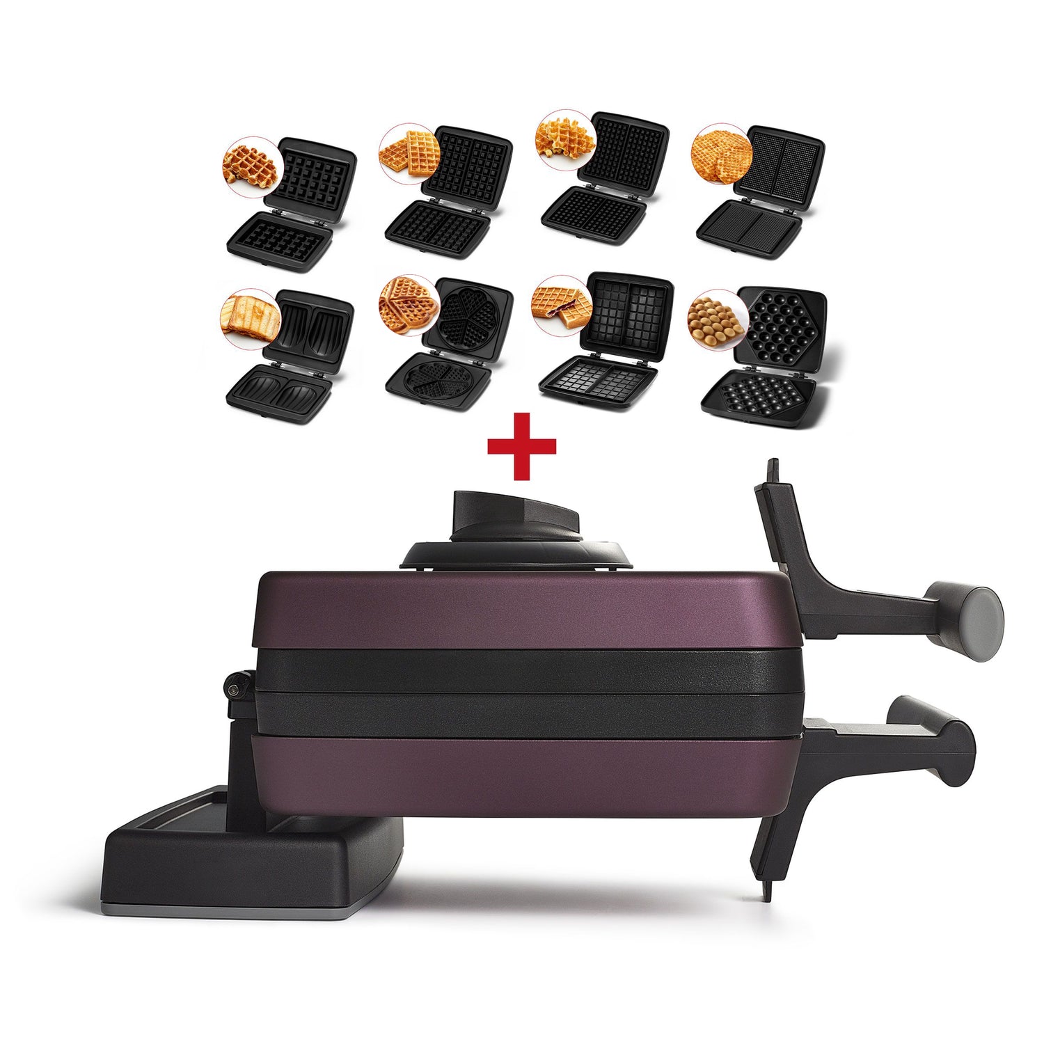 Gaufrier Violet + 8 plaques présentées ci-dessus, doté de plaques interchangeables pour réaliser des gaufres, des gaufres à bulles, des pancakes et d'autres mets pour le petit-déjeuner.