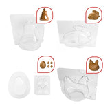 Moules de chocolat de Pâques en forme de cloche, lapin, œuf et poule en plastique transparent.