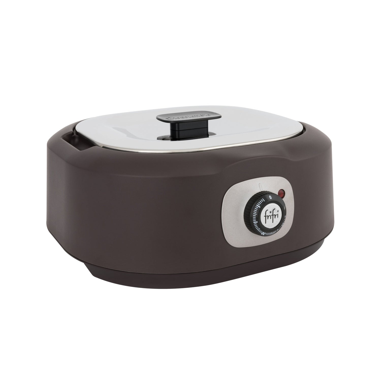 La Chocolatière + Kit de Pâques est une cuisinière électrique marron et argent avec un cadran de commande frontal et un couvercle argenté sur le dessus.