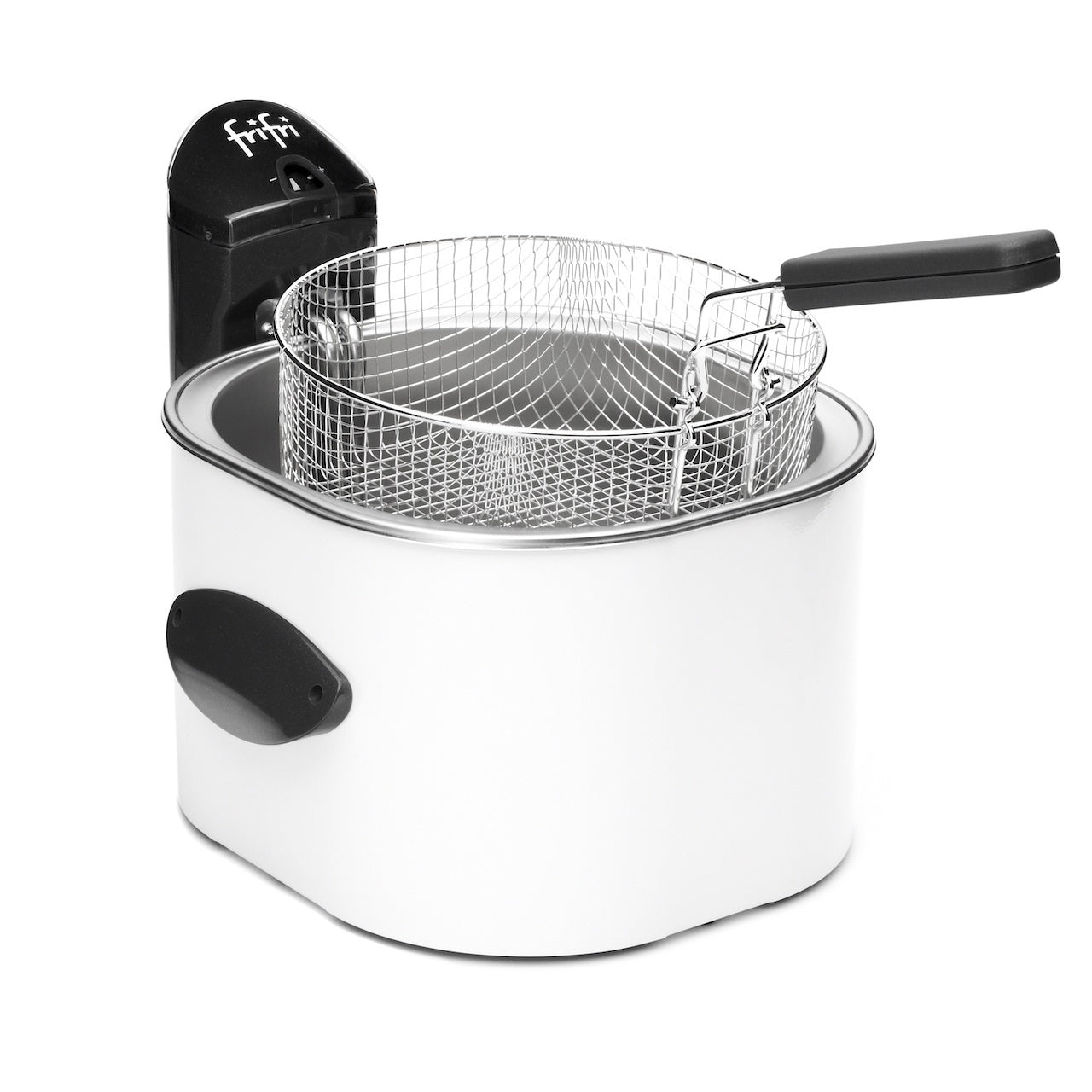 Friteuse blanche avec panier métallique.