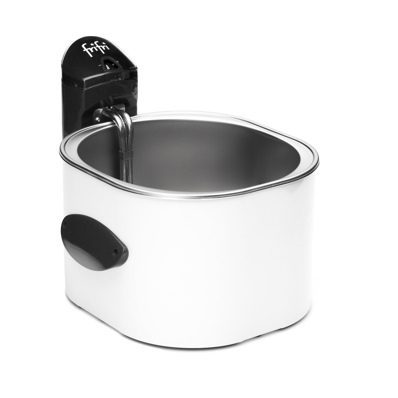 Friteuse blanche avec détails noirs et argentés.