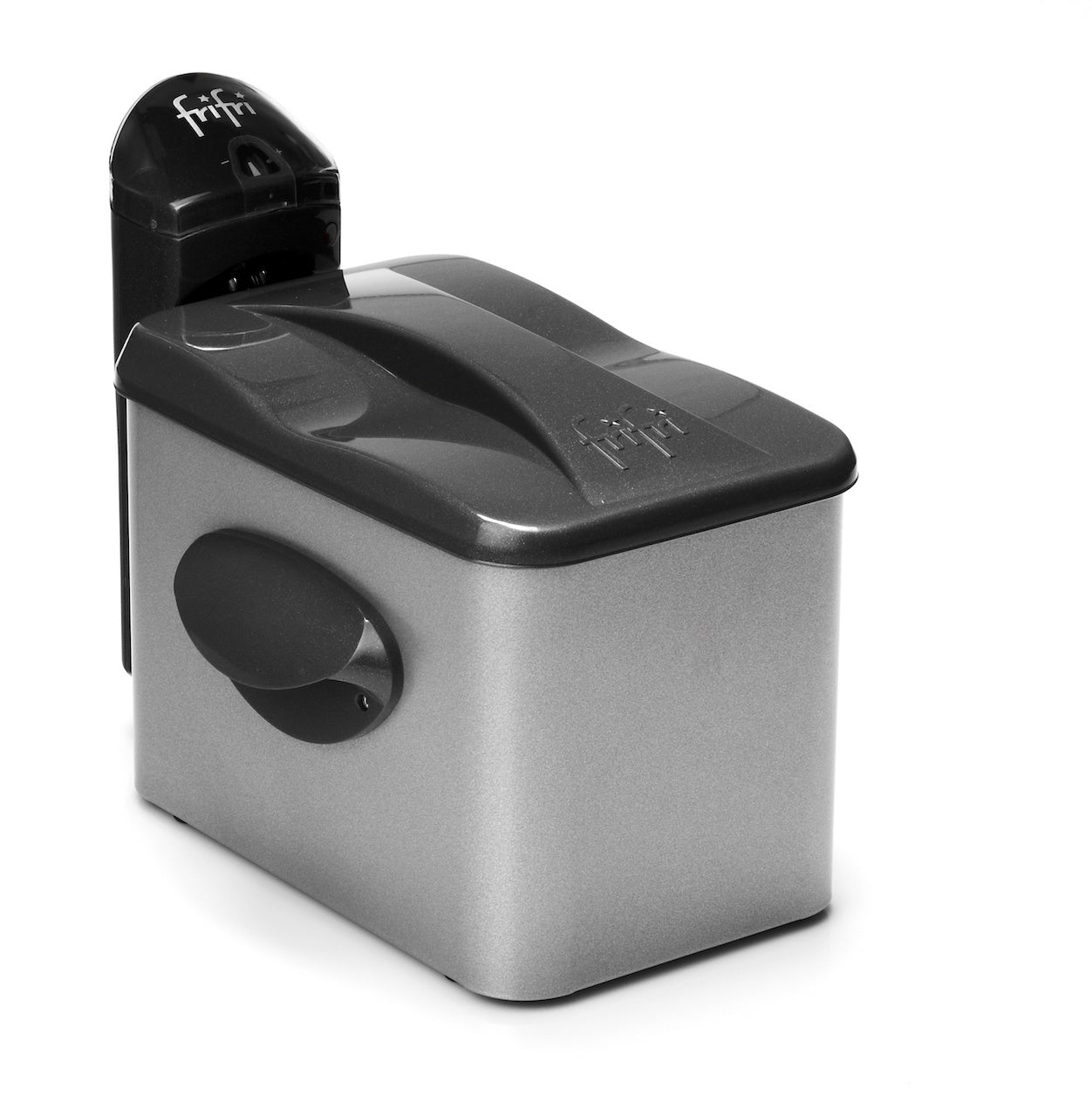 Friteuse métallique grise et noire.