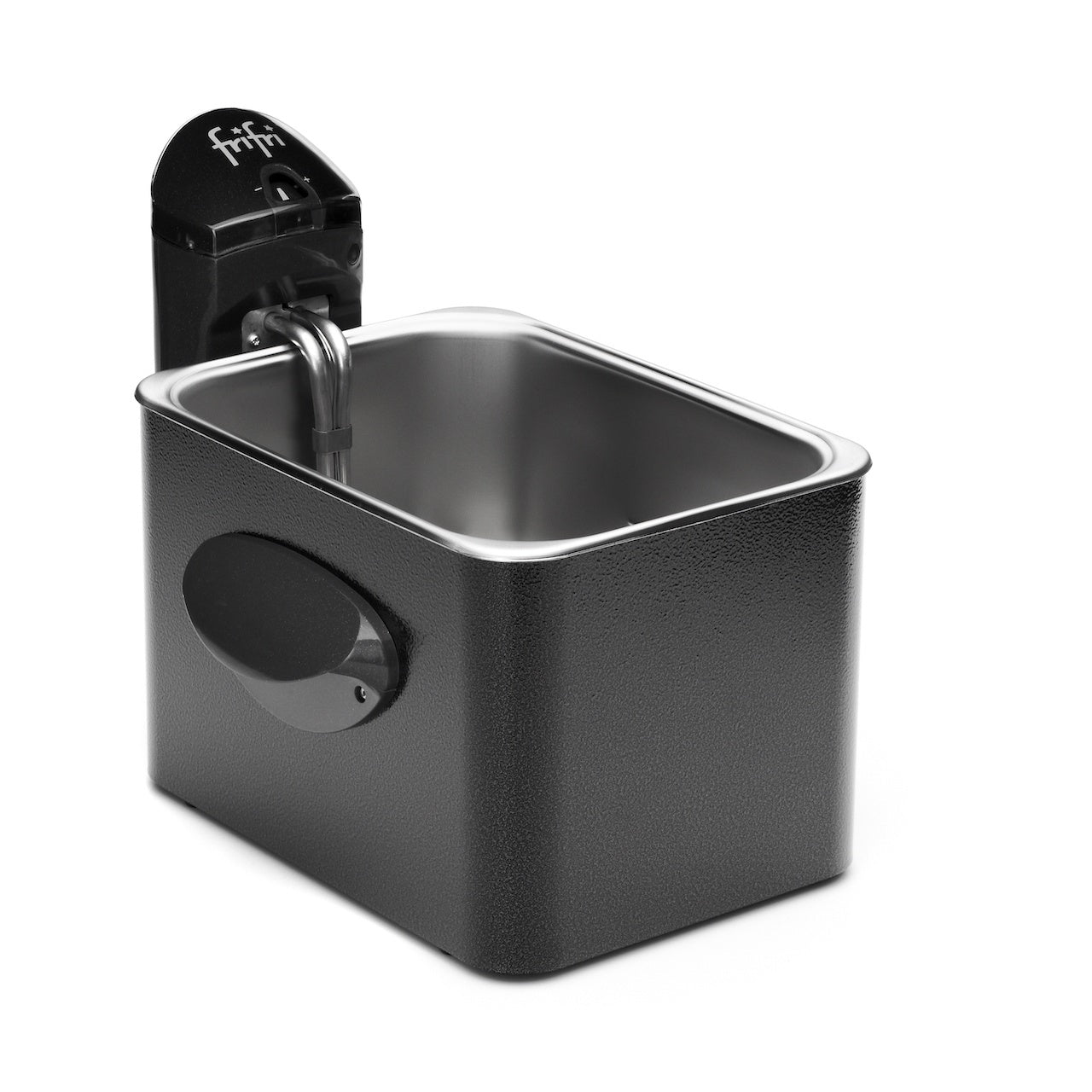 Friteuse noire avec cuve en acier inoxydable.