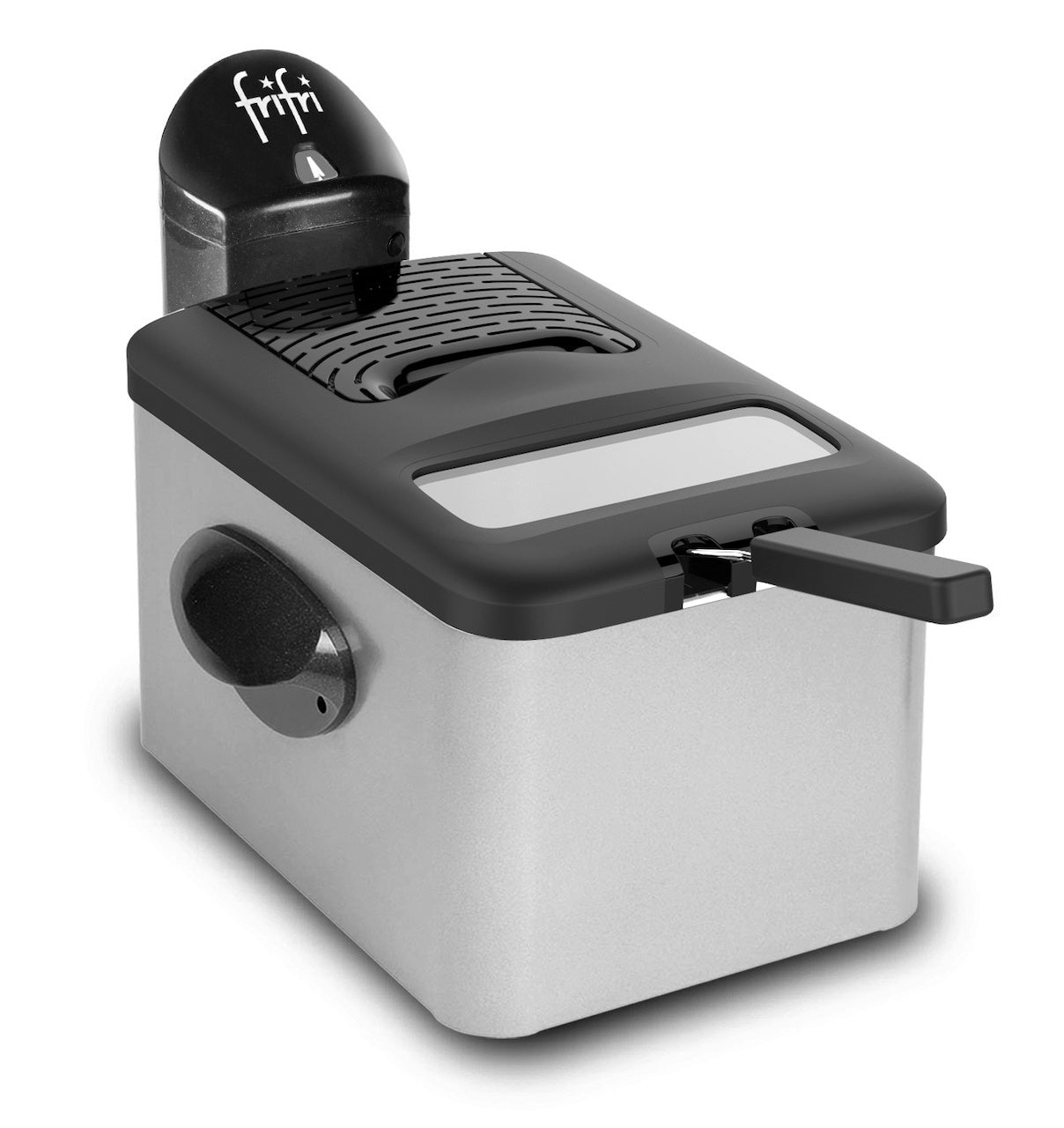 Friteuse argentée et noire.
