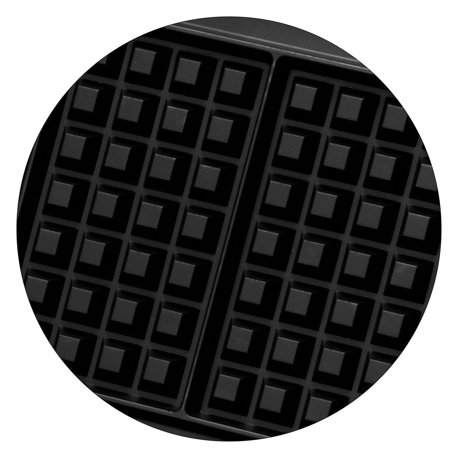 Plaques à gaufres noires, motif quadrillé, forme circulaire.
