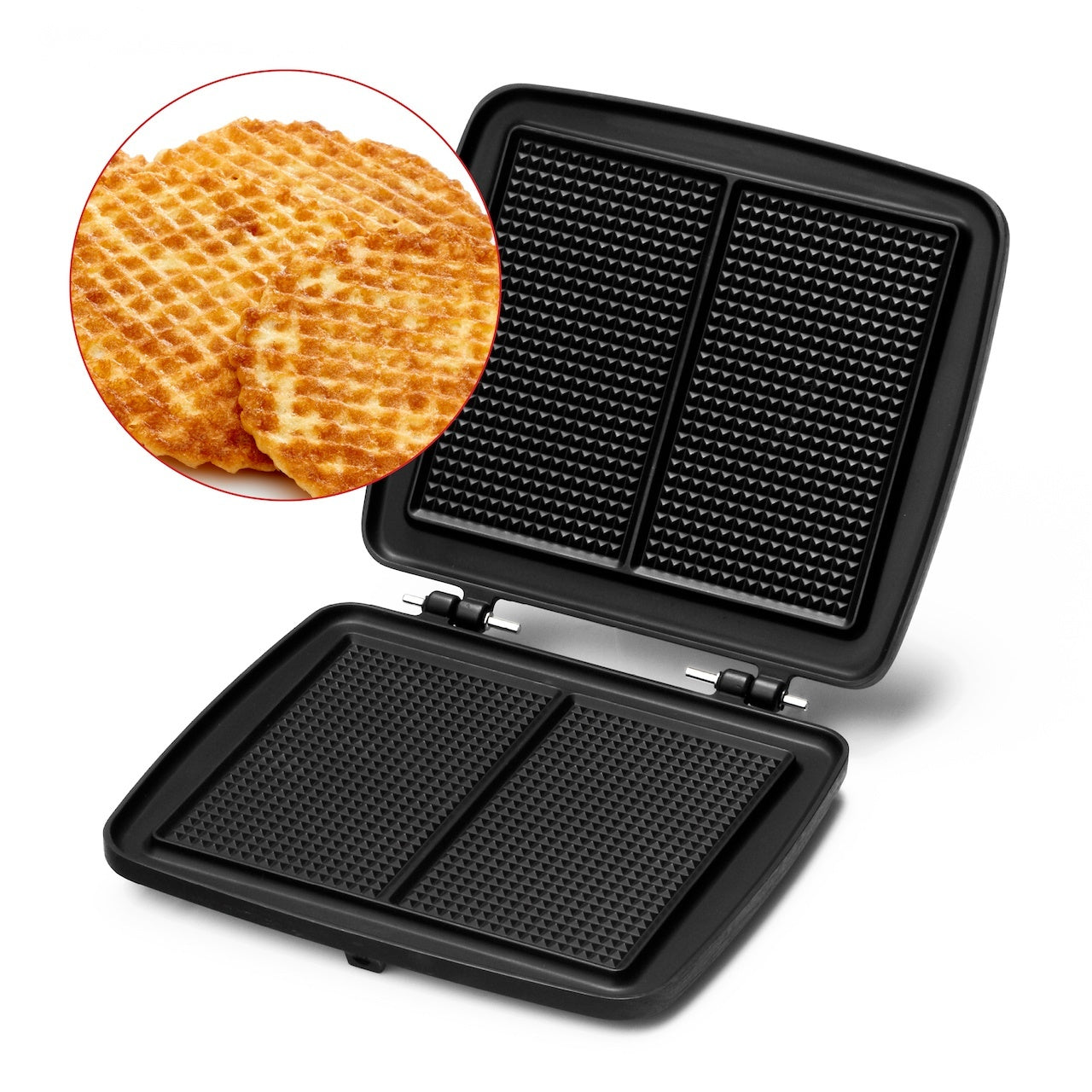 Gaufrier noir ouvert avec gaufres rondes.