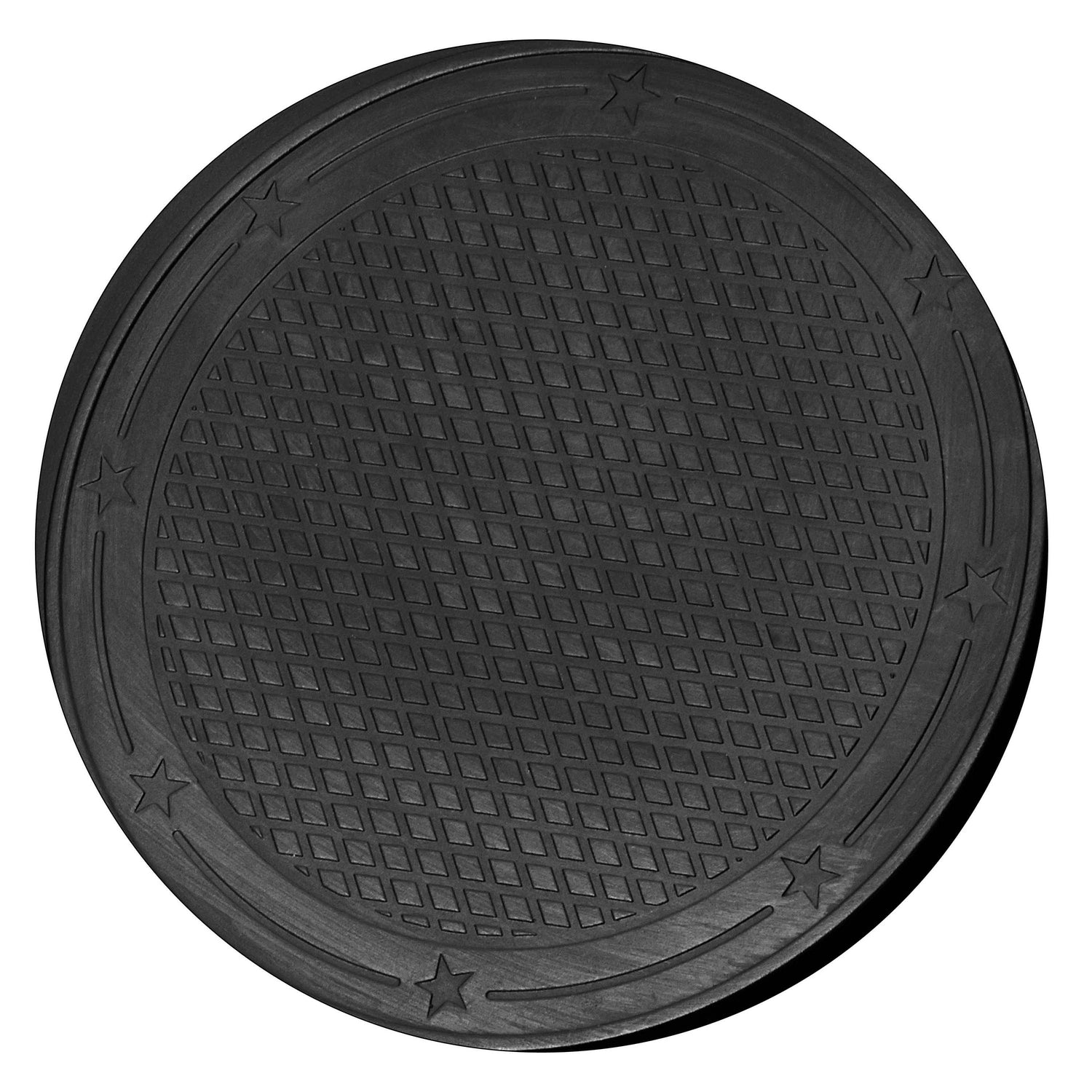Couvercle noir rond en caoutchouc avec motif de losanges et étoiles.