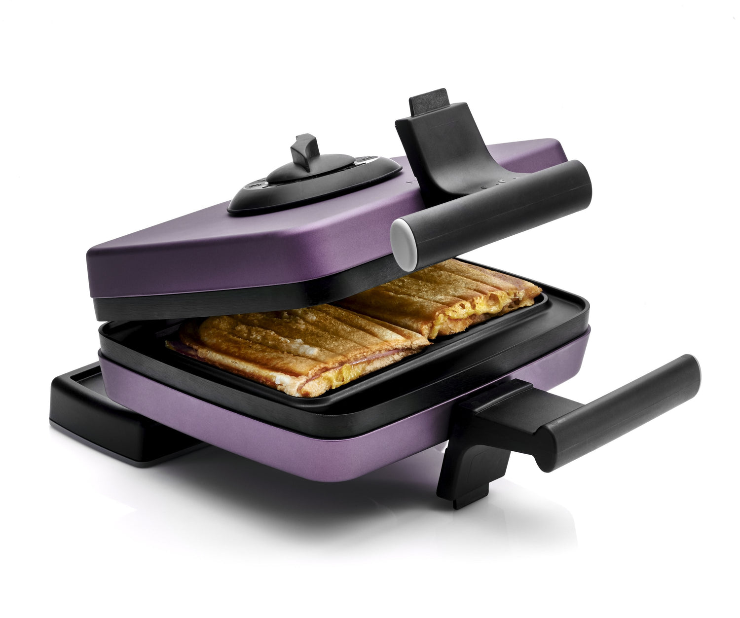 Grille-pain violet avec sandwichs.