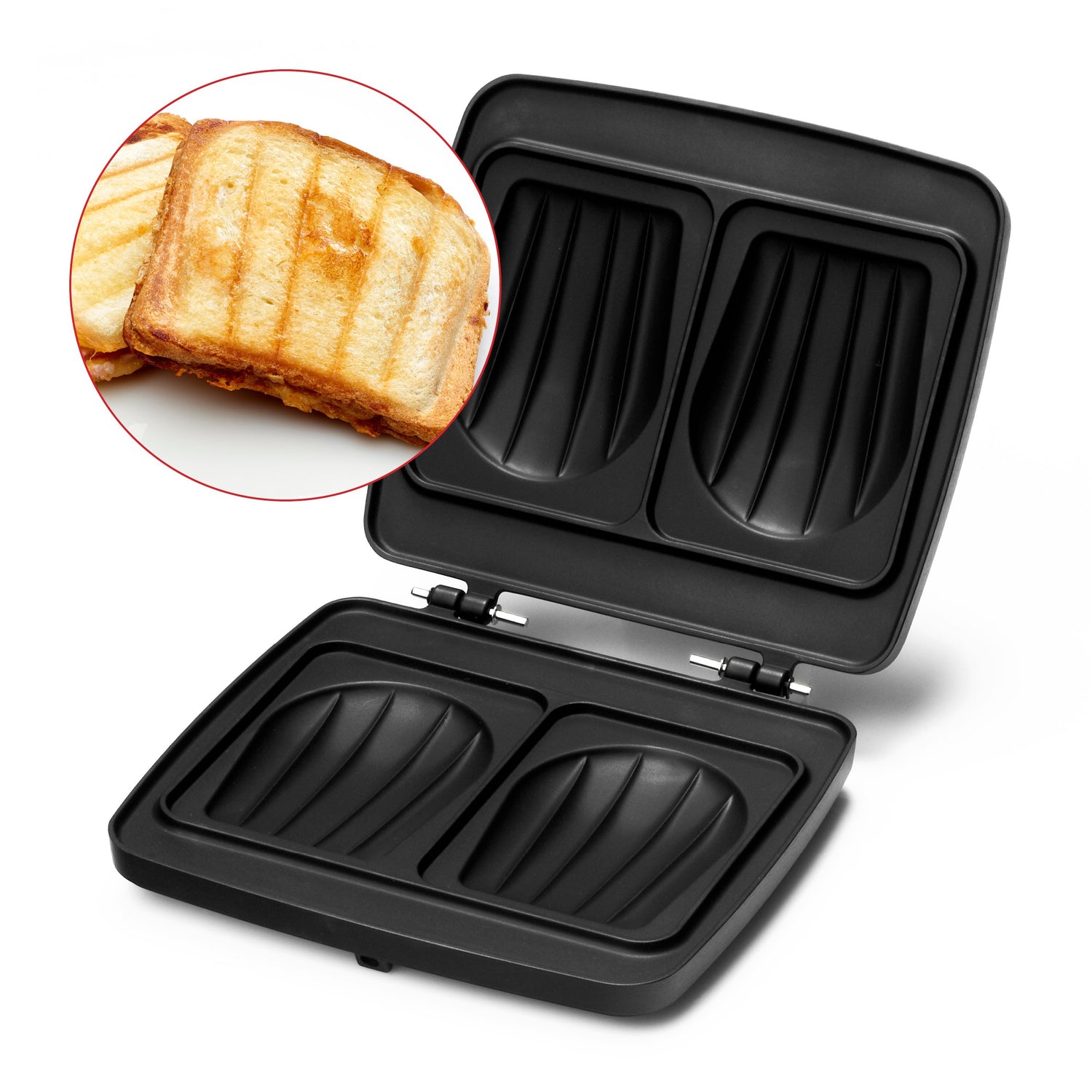 Croque-monsieur grill ouvert noir, toasts grillés.