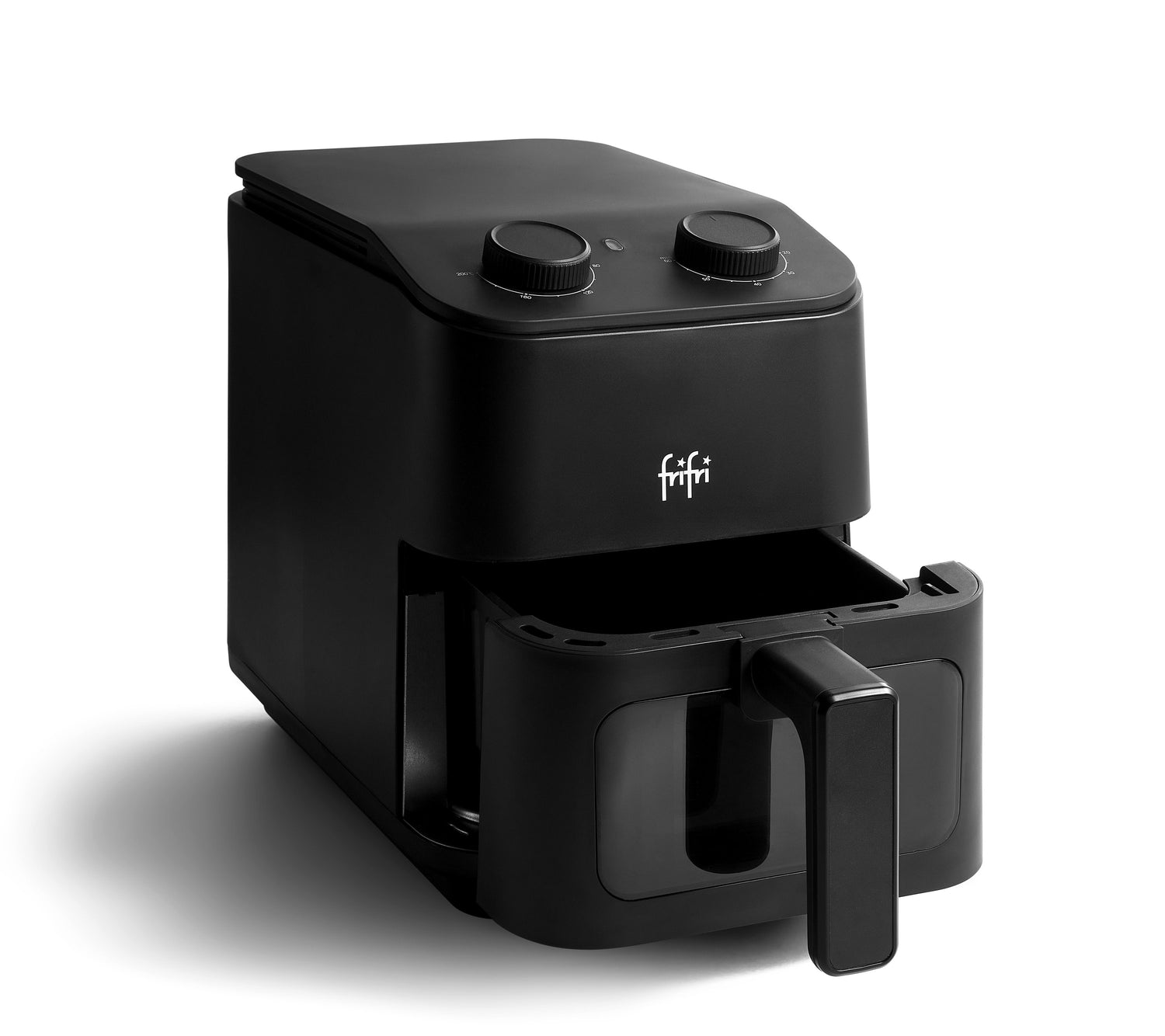 Friteuse à air noire avec tiroir ouvert.