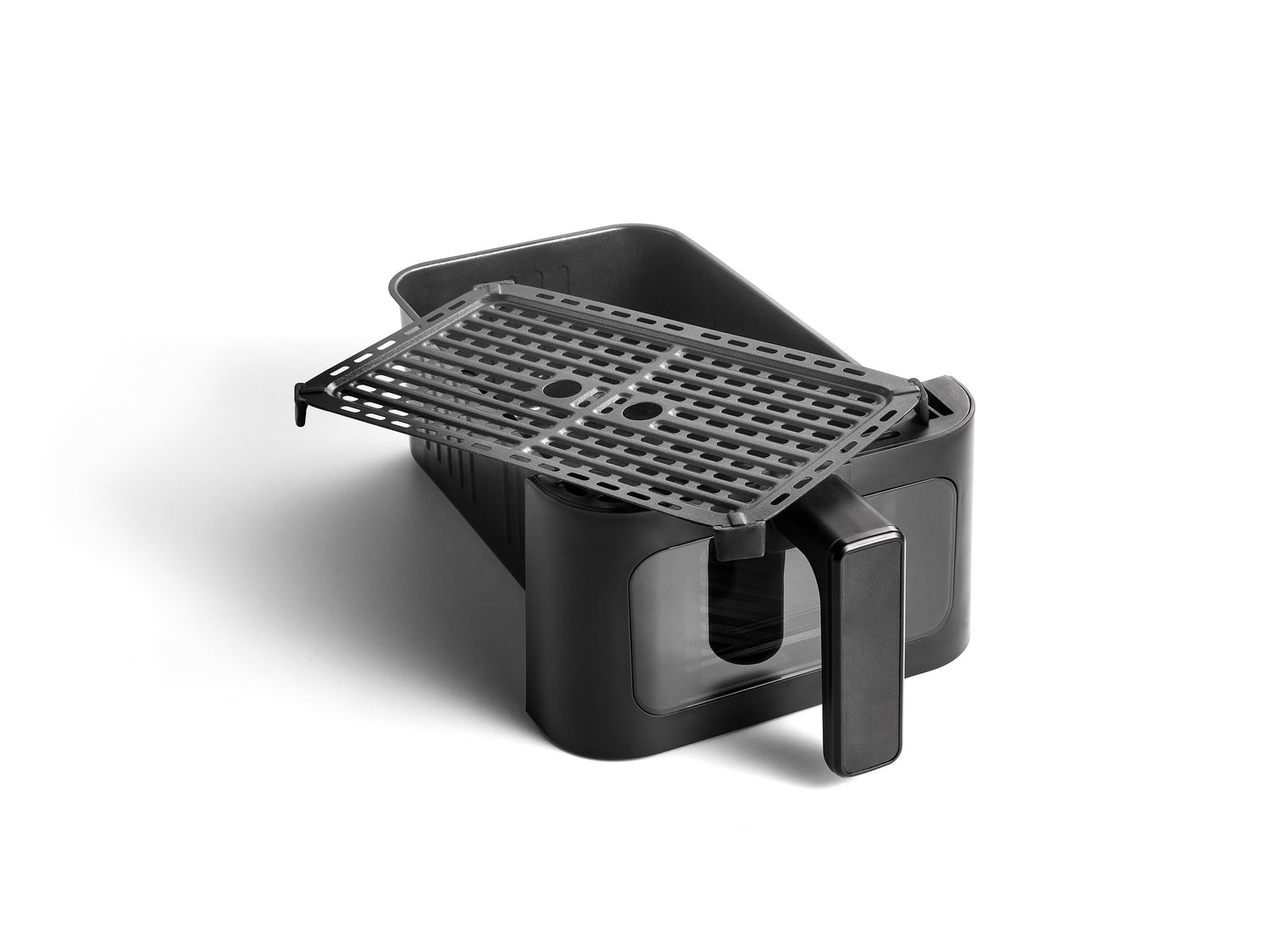 Friteuse à air noire avec grille.