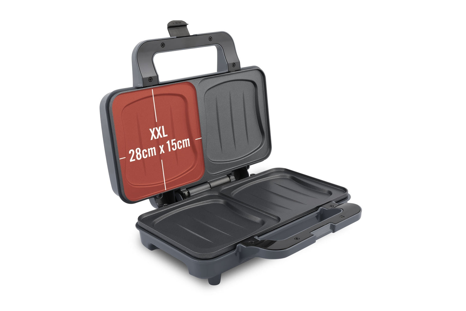Grill panini ouvert, revêtement rouge et gris.