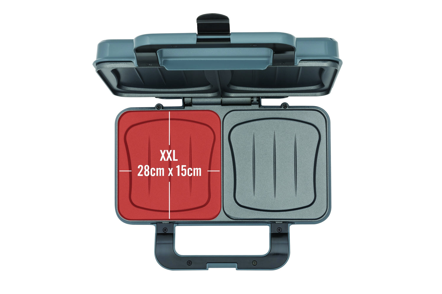 Gaufrier ouvert XXL, gris et rouge.