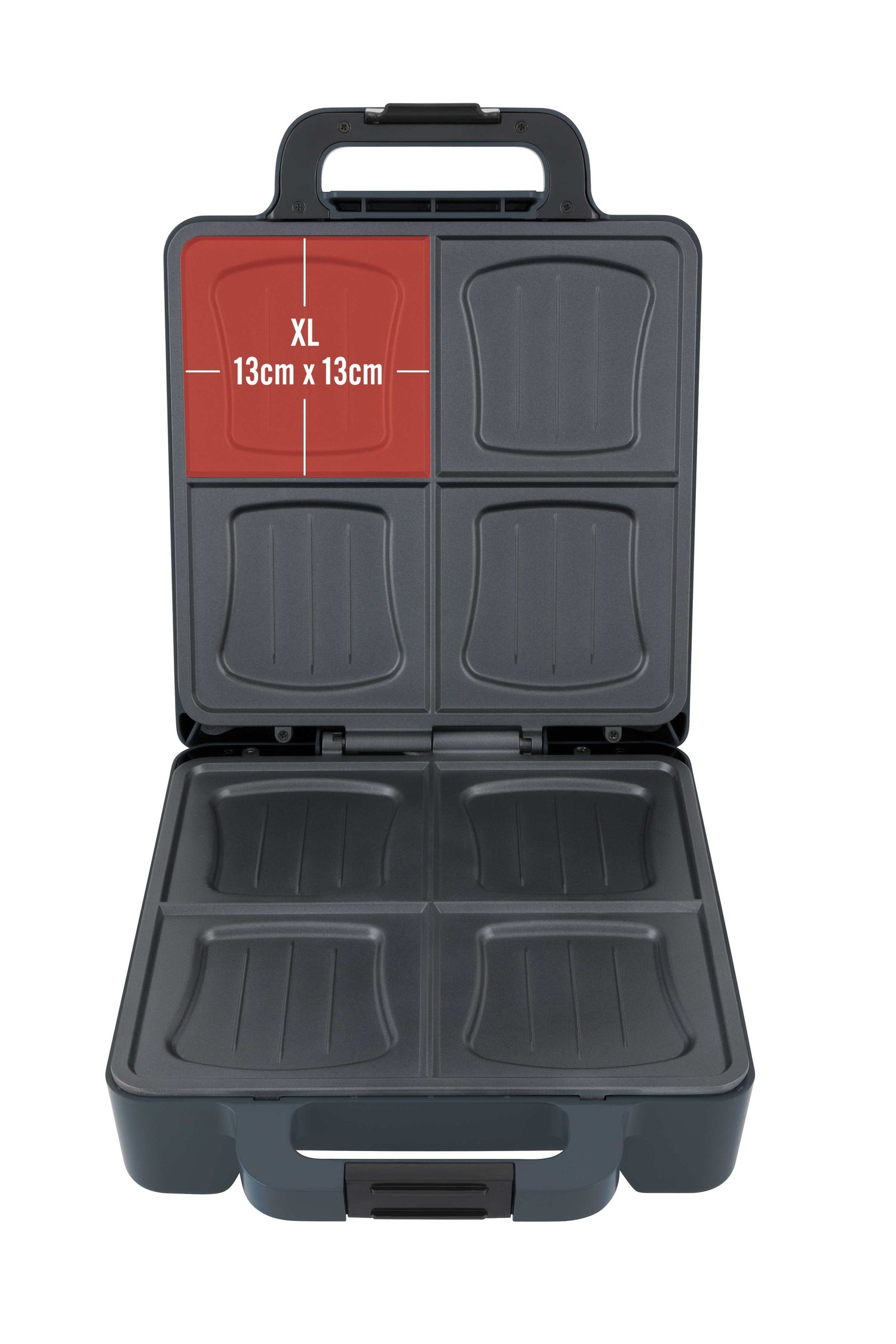 Gaufrier ouvert, intérieur gris, marquage rouge