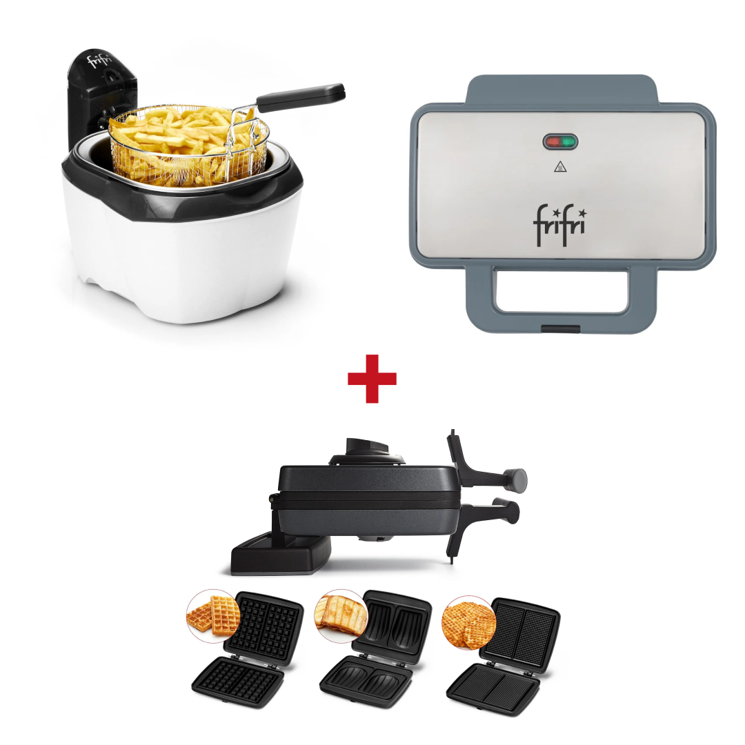 Le Pack : Trio Gourmand comprend une friteuse avec frites, un gaufrier électrique et un grilloir à sandwich avec plaques interchangeables, comme le montrent des exemples d'aliments.
