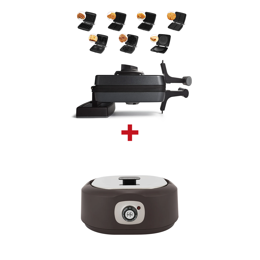 Pack : Dessert - comprend un gaufrier rotatif avec assiettes interchangeables et une chocolatière, le combo parfait pour créer de délicieux desserts maison.
