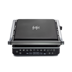 Grill électrique « Grill Gourmet » à plaques de cuisson, doté d'un panneau de commande numérique, d'un couvercle fermé et de finitions en acier inoxydable, vu de face — idéal pour préparer facilement des plats grillés gastronomiques. Le « Grill Gourmet » propose plusieurs programmes de cuisson pour une cuisson polyvalente et précise à l'intérieur, à chaque utilisation.