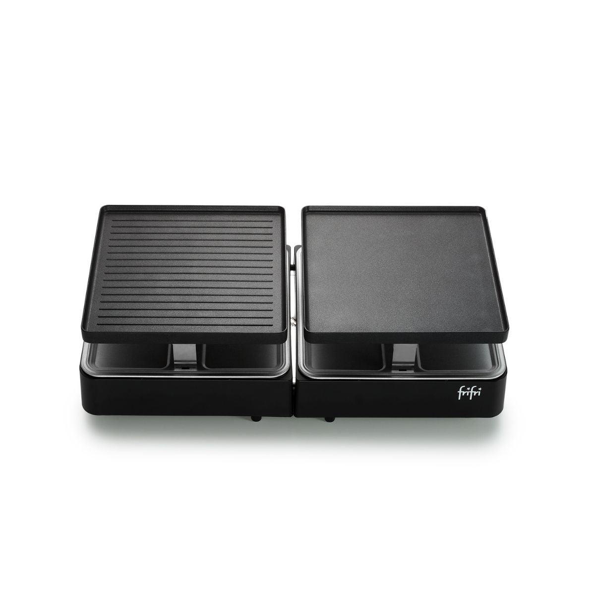 Grill électrique double Raclette Gourmet noir, doté de deux surfaces de cuisson indépendantes — l’une striée, l’autre lisse — et d’un revêtement en céramique sans PFAS pour des repas plus sains, présenté sur un fond blanc.