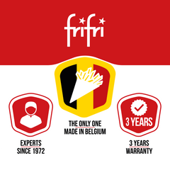Logo de la marque Frifri avec un drapeau belge stylisé, mentionnant "Experts depuis 1972" et "3 ans de garantie".