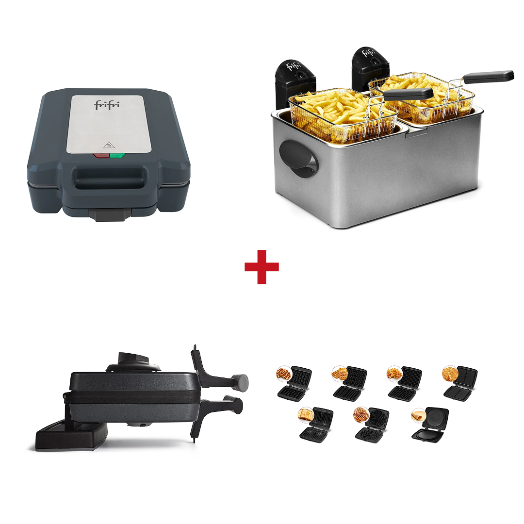 Le Pack : XXL comprend un Gaufrier Noir, une friteuse à double cuve pour les frites et un gaufrier pour les cônes, mettant en valeur la polyvalence de ces appareils de cuisine et les délicieuses créations qu'ils permettent de réaliser.