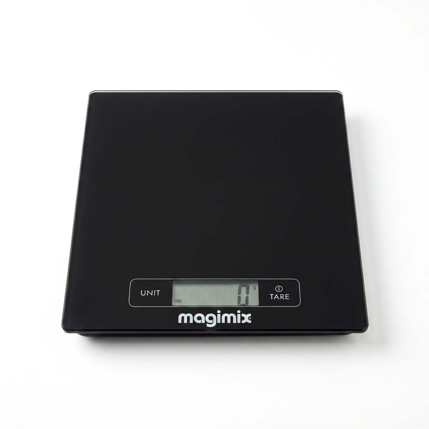Une balance de cuisine numérique Balance de précision noire avec des boutons d'unité et de tare et un affichage zéro gramme repose sur une surface blanche - parfaite pour toutes vos recettes sucrées et salées.