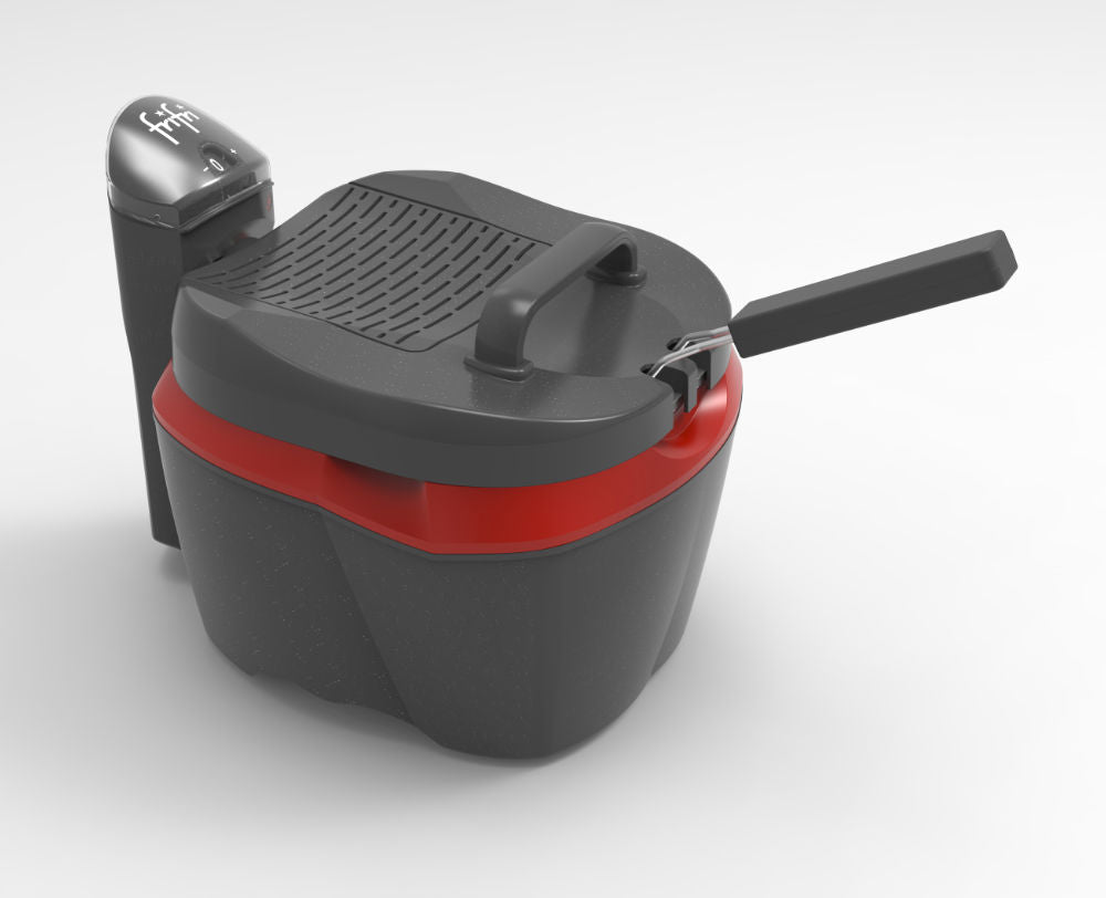 Friteuse de comptoir noire et rouge avec un couvercle fermé, une poignée et un module de commande fixé sur le côté.