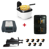 Le Pack : Familles nombreuses comprend des appareils de cuisine assortis tels que le Airfryer Duo Slim, la Friteuse Initiation 3L avec frites, un appareil à sandwich, un appareil à double compartiment et des plaques de cuisson interchangeables.