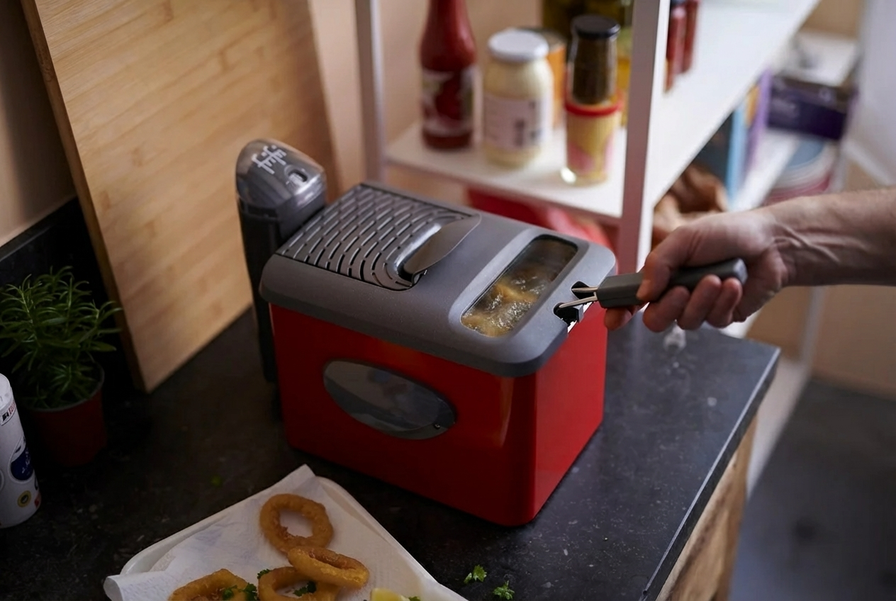 Une friteuse en acier inoxydable avec un panier de frites cuites à l'intérieur, posé sur une surface blanche.