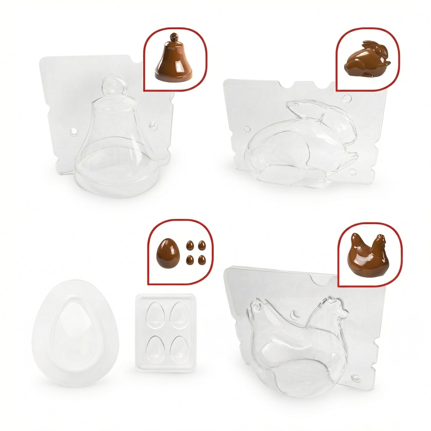 Le Kit de Pâques comprend quatre moules en plastique transparent - cloche, lapin, œuf avec moitiés et poule - chacun présenté avec un échantillon de figurine en chocolat. Idéal pour créer des chocolats maison ou pour agrémenter vos fêtes de Pâques !.