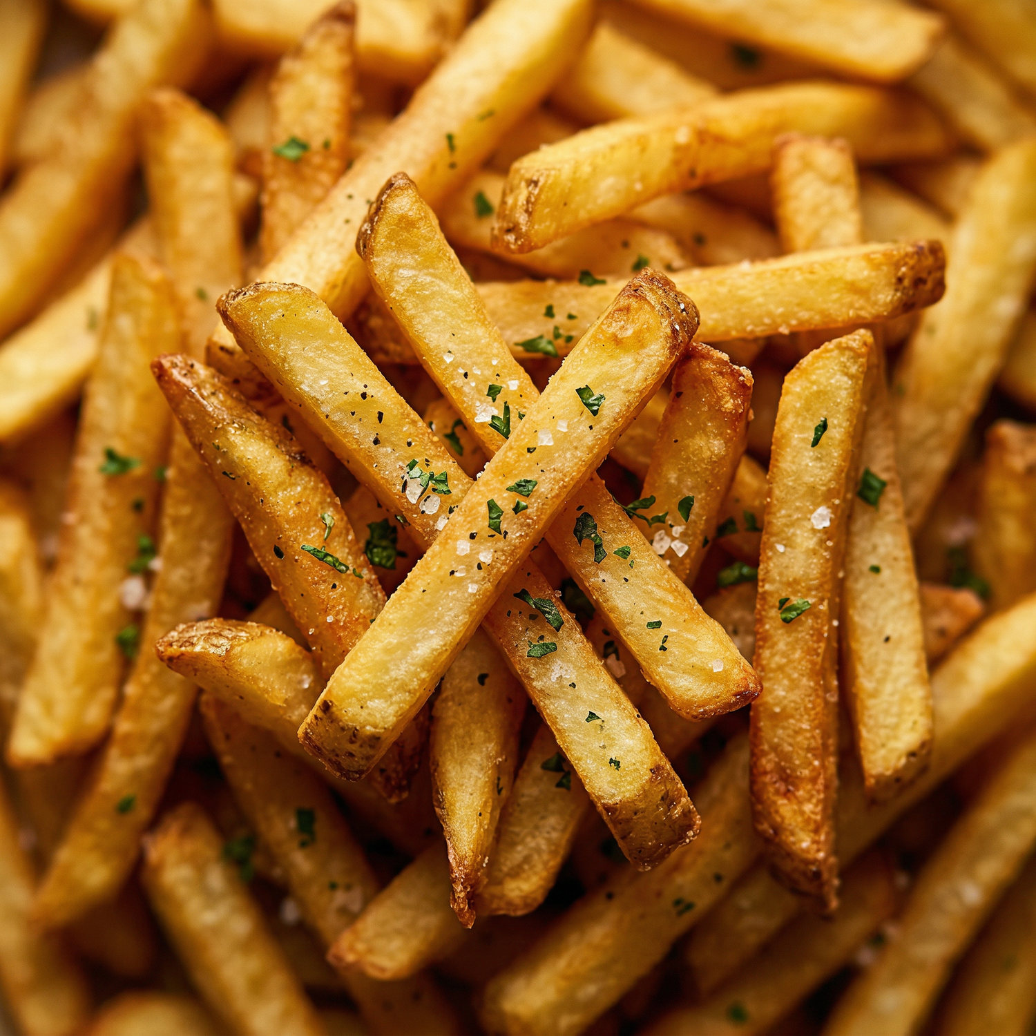 Gros plan sur des frites dorées, saupoudrées de sel et d'herbes, fraîchement préparées dans la Friteuse Initiation 3L Anthracite pour une texture croustillante parfaite.