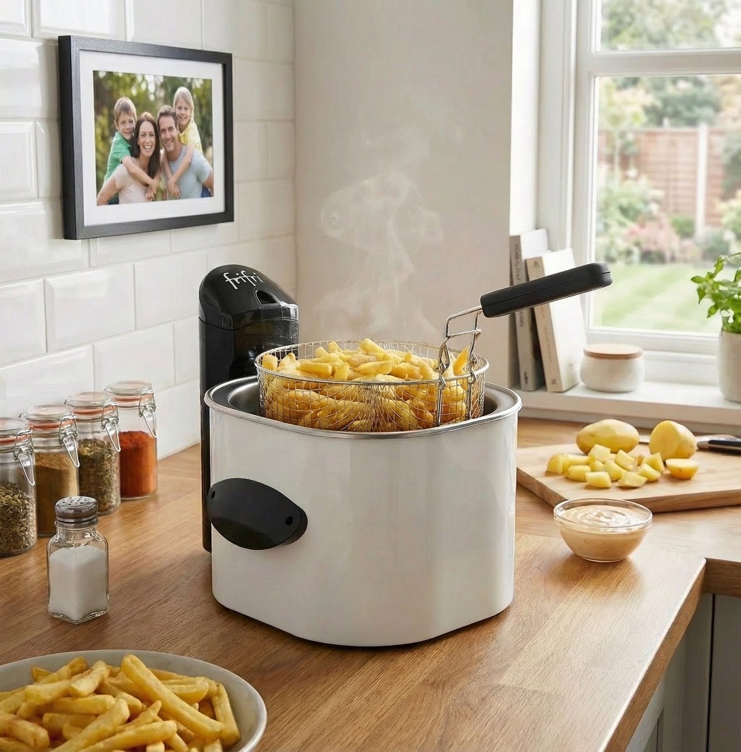 Une friteuse électrique blanche avec une poignée noire et un panier métallique rempli d'aliments frits, probablement des frites ou des filets de poisson.